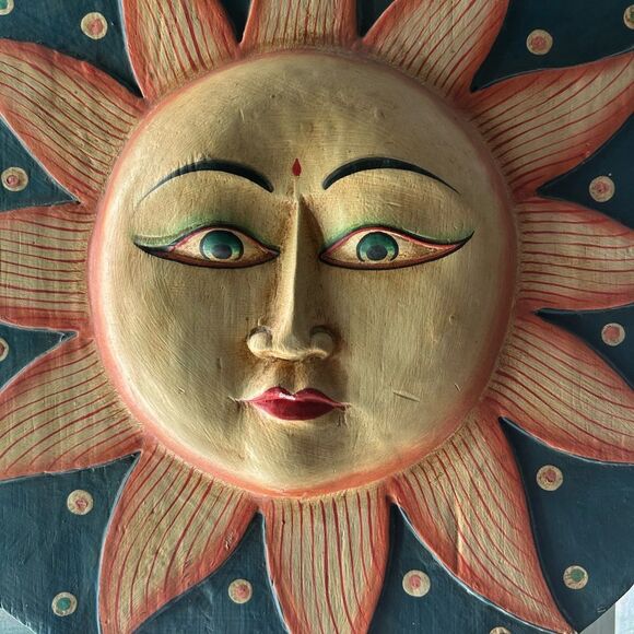 Vintage 16" Handmade Indonesia Hand Painted Sun Moon Wooden Wall Hanging Whimsy - Picture 15 of 16